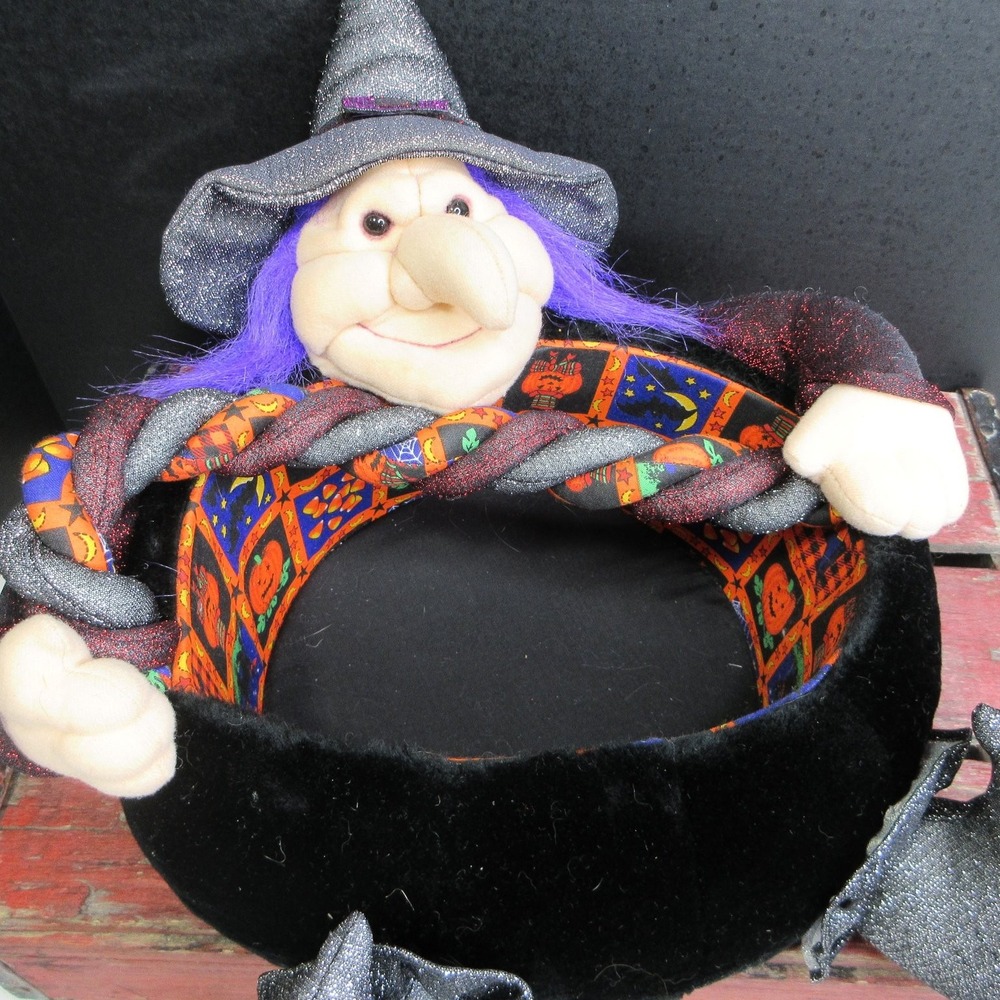 VTG Y2K Halloween Plush Witch Cauldron Candy Bowl Holder Basket Trick or Treat